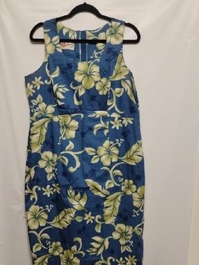 Hilo Hattie Blue & Yellow Floral Cotton Poplin Tropical Midi Dress